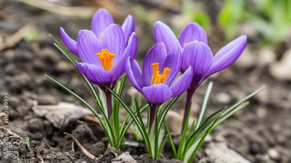 Beautiful Purple Crocus Flowers Blooming in Fresh Garden Soil in Springtime Sunshine Beautiful Purple Crocus Flowers Blooming in Fresh Garden Soil in Springtime Sunshine