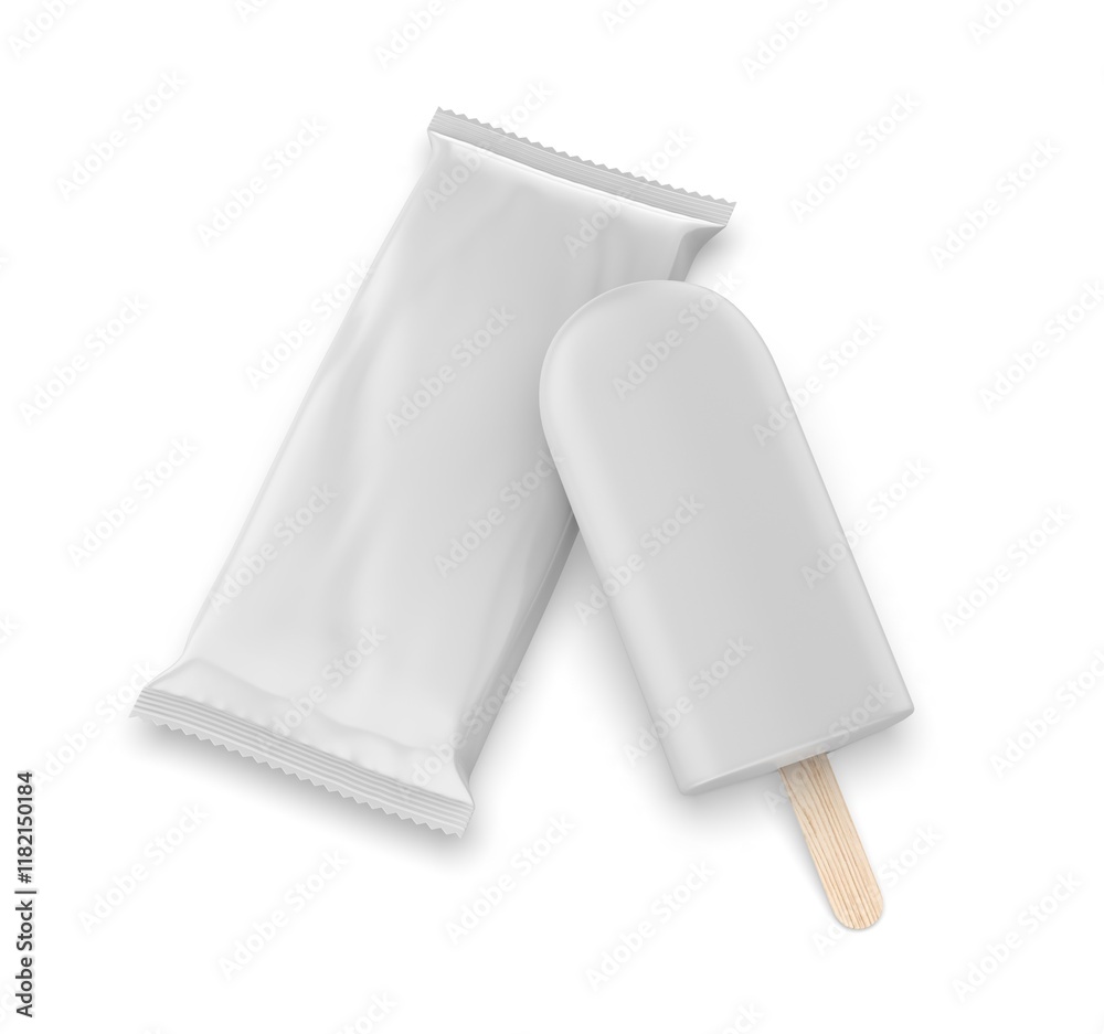 Blank stick ice cream packaging wrapper mockup template 3d illustration.