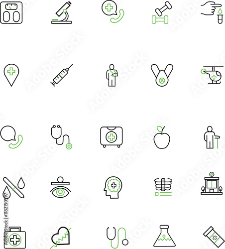 A medical icon set covering stethoscopes, medical tests, wellness symbols, and DNA graphics. Perfect for all healthcare needs.
