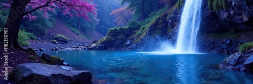 Reflective pool of Prussian blue under an amethyst waterfall, prussian blue, serenity