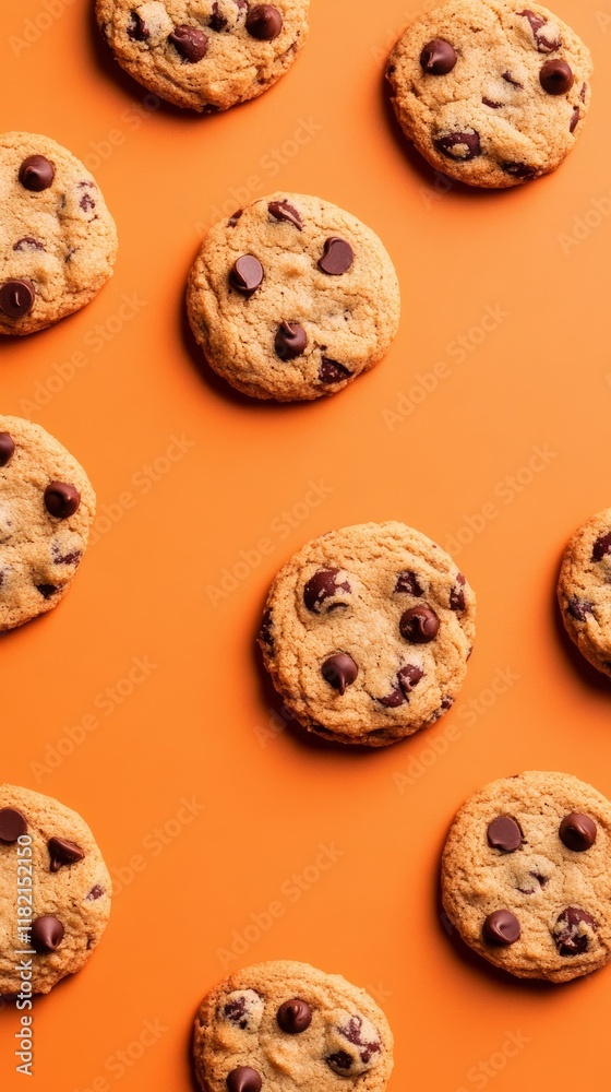 Pattern of golden brown chocolate chip cookies spread out on a vibrant orange surface, creating a visually appealing arrangement for food and dessert lovers Pattern of golden brown chocolate chip cookies spread out on a vibrant orange surface, creating a visually appealing arrangement for food and dessert lovers