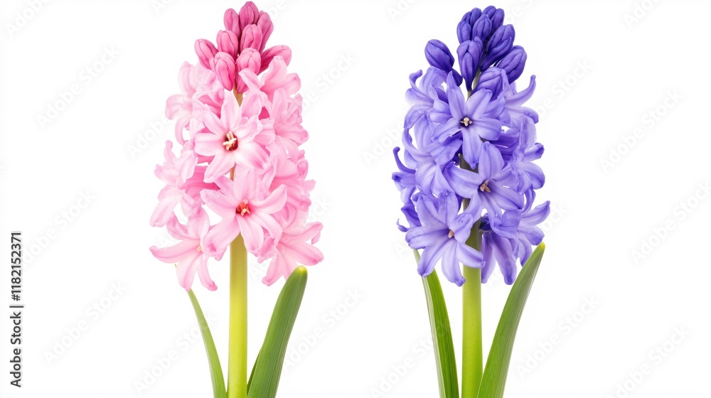 Fototapeta premium Colorful Hyacinth Flowers in Pink and Blue with Green Leaves for Floral Decoration