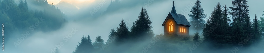 Naklejka premium Mystical Mountain Chapel at Dawn with Glistening Mist and Warm Light