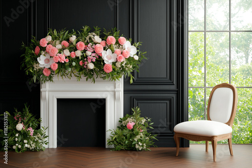 beautifully decorated fireplace adorned with pink roses and white orchids, complemented by lush greenery. stylish chair sits nearby, enhancing elegant ambiance of room
