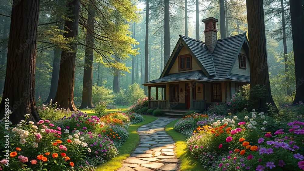 Fototapeta premium Forest Retreat: A charming cottage nestled amidst a vibrant tapestry of wildflowers and towering trees, bathed in the warm glow of a sun-drenched morning. The scene evokes a sense of peace.