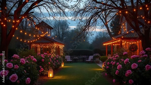 Enchanted Garden Evening: String lights illuminate a magical backyard oasis, creating a warm and inviting ambiance. Two charming gazebos flank a lush lawn, adorned with vibrant pink roses. photo