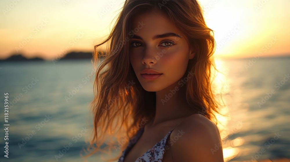 Young Woman Golden Sunset Ocean Beach Young Woman Golden Sunset Ocean Beach