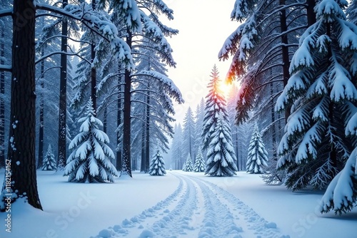 serene forest landscape with snow-covered trees, forest, winterland, frosty photo