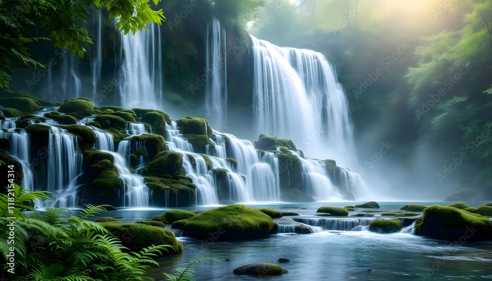 Fototapeta premium A breathtaking waterfall cascades gracefully down mossy rocks, surrounded by lush greenery. Nature's tranquil beauty unfolds.
