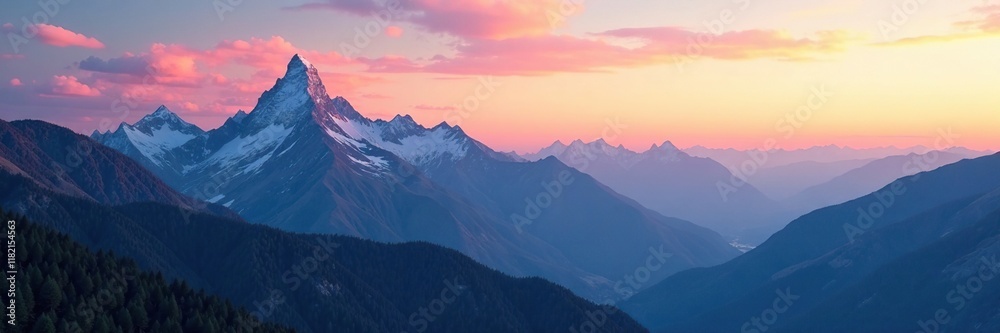 Obraz premium Serene mountain peaks fade into soft horizon at dusk, landscape, peaceful