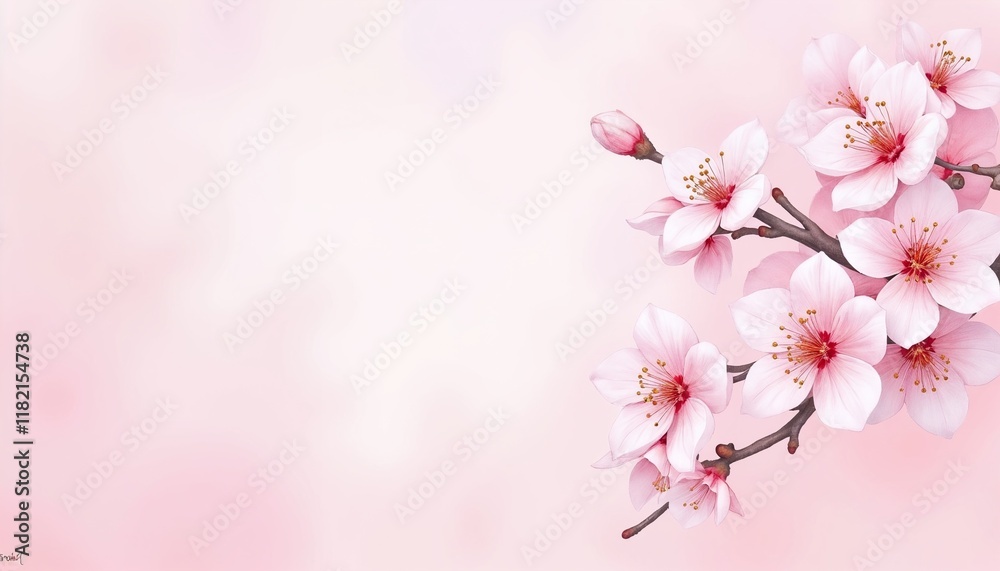 Watercolor illustration of cherry blossoms in a serene mood with soft pink and white flowers against a pink pastel background with copy space Watercolor illustration of cherry blossoms in a serene mood with soft pink and white flowers against a pink pastel background with copy space