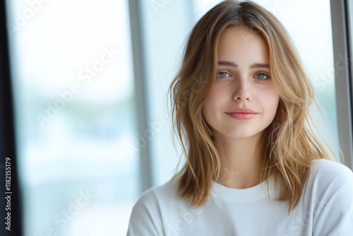 young woman with long, wavy hair stands by window, exuding calm and serene expression. soft natural light enhances her features, creating peaceful atmosphere Free Download young woman with long, wavy hair stands by window, exuding calm and serene expression. soft natural light enhances her features, creating peaceful atmosphere - GFXLoad