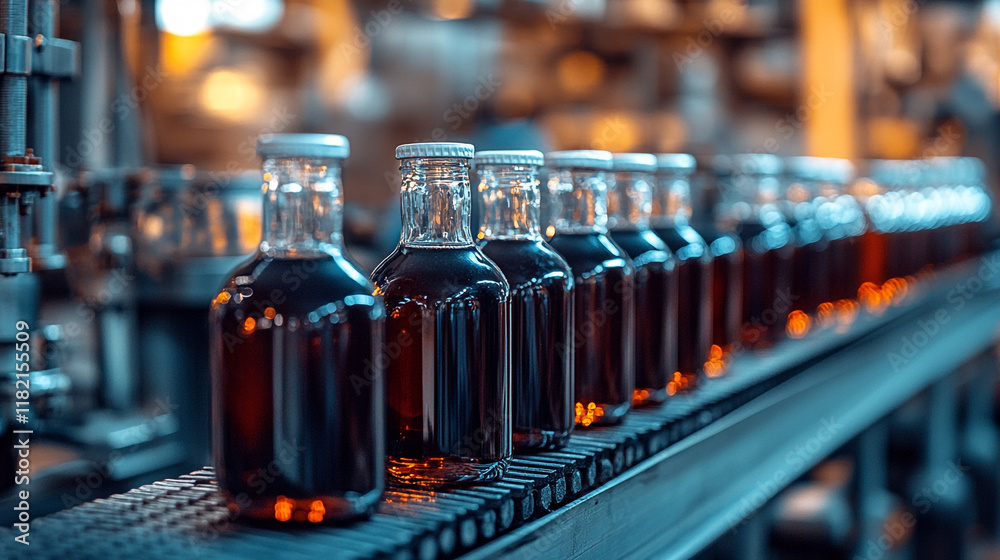 Bottles filled with dark liquid moving along a conveyor belt in a production facility Bottles filled with dark liquid moving along a conveyor belt in a production facility
