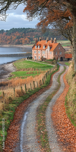 Cozy Lakeside Cottage with Winding Autumn Path

