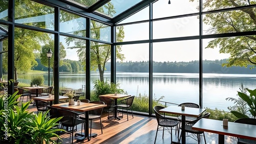 Lakefront Restaurant with a View:  Sunlight streams through expansive windows, bathing the contemporary dining space in warm light.