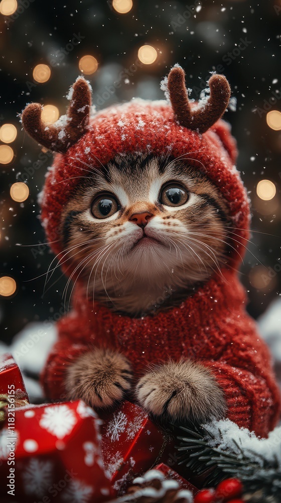 A playful kitten dressed in a red sweater and reindeer antlers poses next to colorful wrapped gifts, surrounded by sparkling lights and falling snowflakes, embracing the holiday spirit. Generative AI A playful kitten dressed in a red sweater and reindeer antlers poses next to colorful wrapped gifts, surrounded by sparkling lights and falling snowflakes, embracing the holiday spirit. Generative AI
