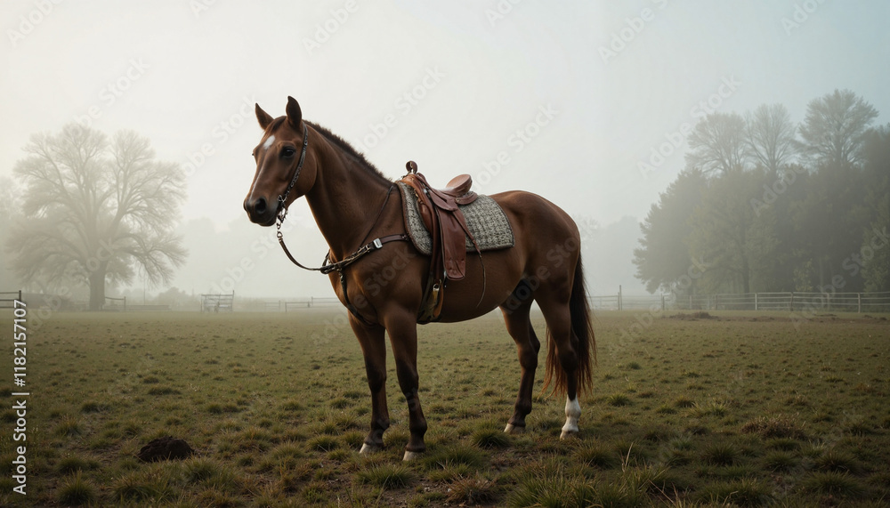 Fototapeta premium Brown horse standing in misty field, Horse Tack