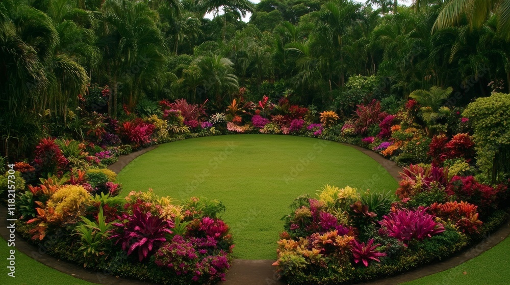 Fototapeta premium Lush Tropical Garden Paradise Vibrant Blooms and Green Lawn