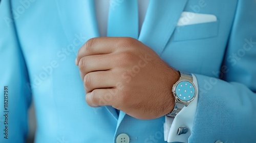 Elegant wristwatch on a formal attire with a light blue suit.