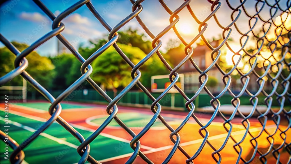 Fototapeta premium Steel Mesh Fence Foreground, Blurred Basketball Hoop Background - Sport Stock Photo