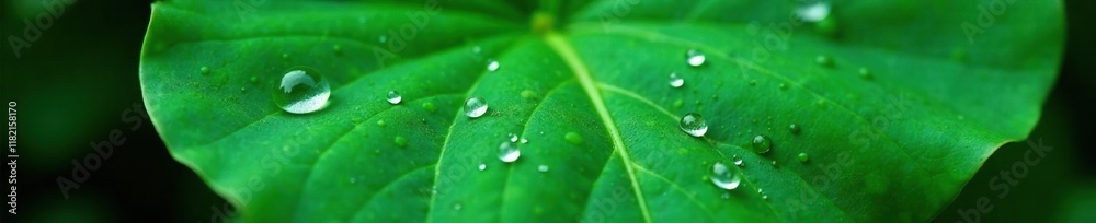 Small droplets cling to Monstera leaf surface tightly, surface, wet, small