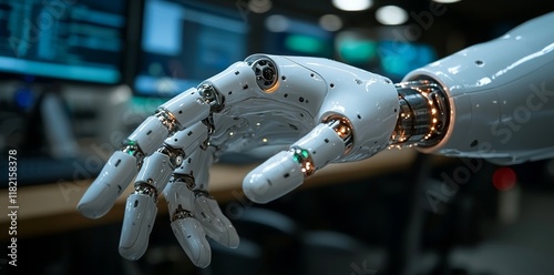 In an advanced office, a robotic hand manipulates a computer screen, representing AI and automation