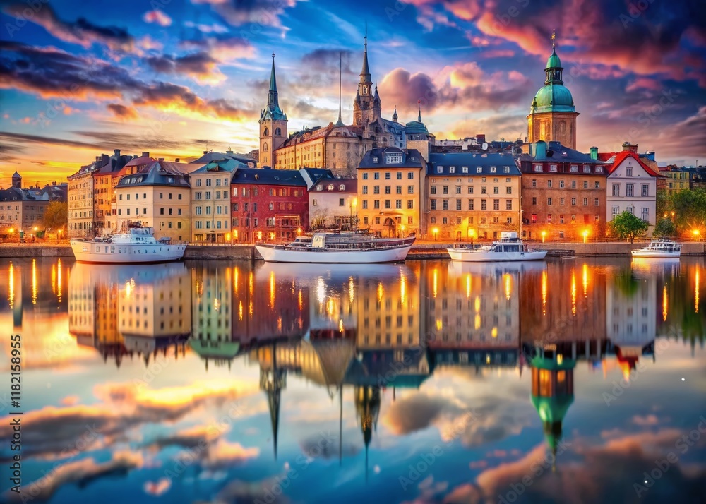 Fototapeta premium Stockholm Harbor Double Exposure: Cityscape & Water Reflections