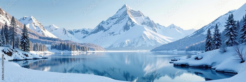 Snow capped mountain range in the background with a frozen lake in the foreground, frozen, snowcapped Snow capped mountain range in the background with a frozen lake in the foreground, frozen, snowcapped