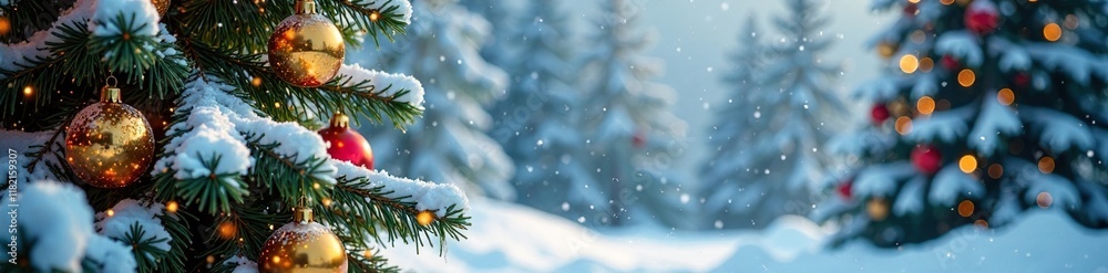 Snow-covered evergreen trees with golden ornaments, icicles, winter wonderland