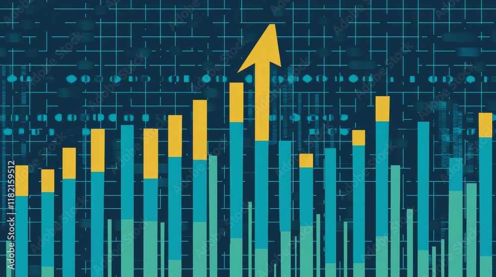 Fototapeta premium The graph shows upward blue columns along with a yellow upward-pointing arrow