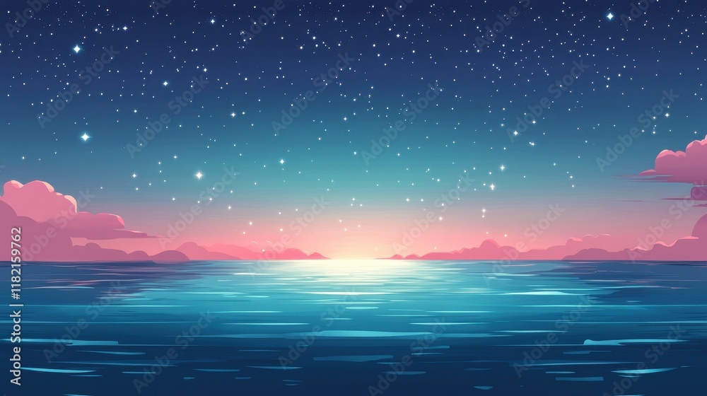 Serene Night Sky Over Tranquil Ocean Waters Serene Night Sky Over Tranquil Ocean Waters