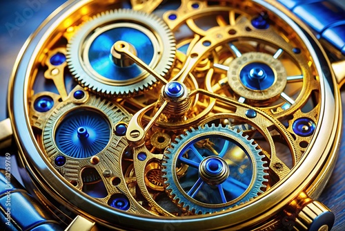 Wallpaper Mural Detailed view of a gold watch's intricate gears, blue face, conceptual. Torontodigital.ca
