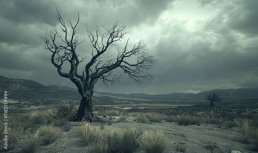 Barren tree in desolate landscape under stormy sky, ideal for environmental themes. Barren tree in desolate landscape under stormy sky, ideal for environmental themes.