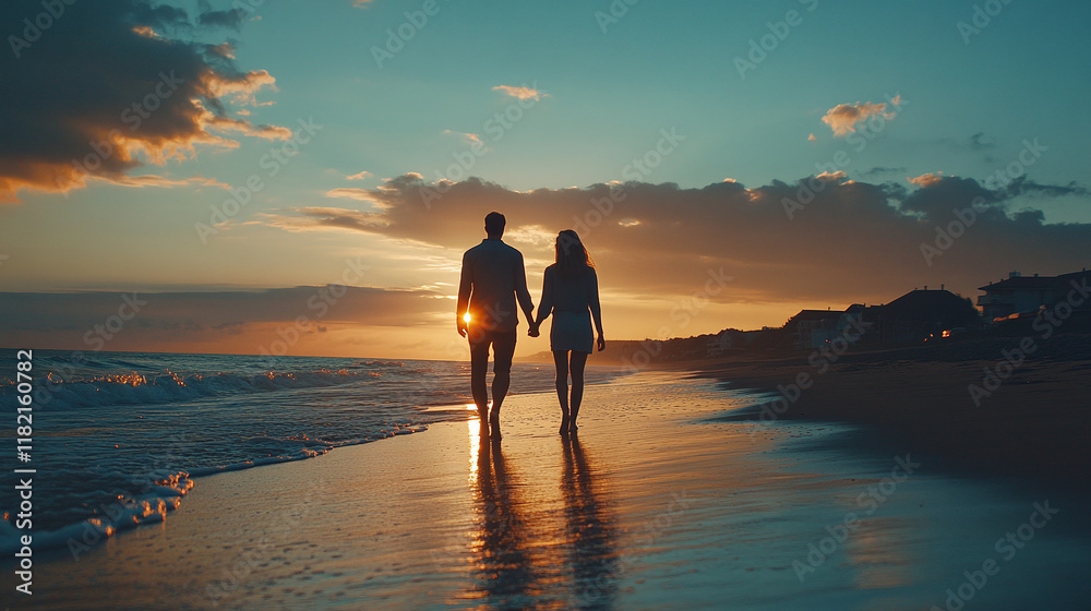 Fototapeta premium Silhouette of young couple, man and woman walking on the sand beach during the evening sunset with sea or ocean waves. married people holding hands, romantic summer holiday or vacation, honeymoon.