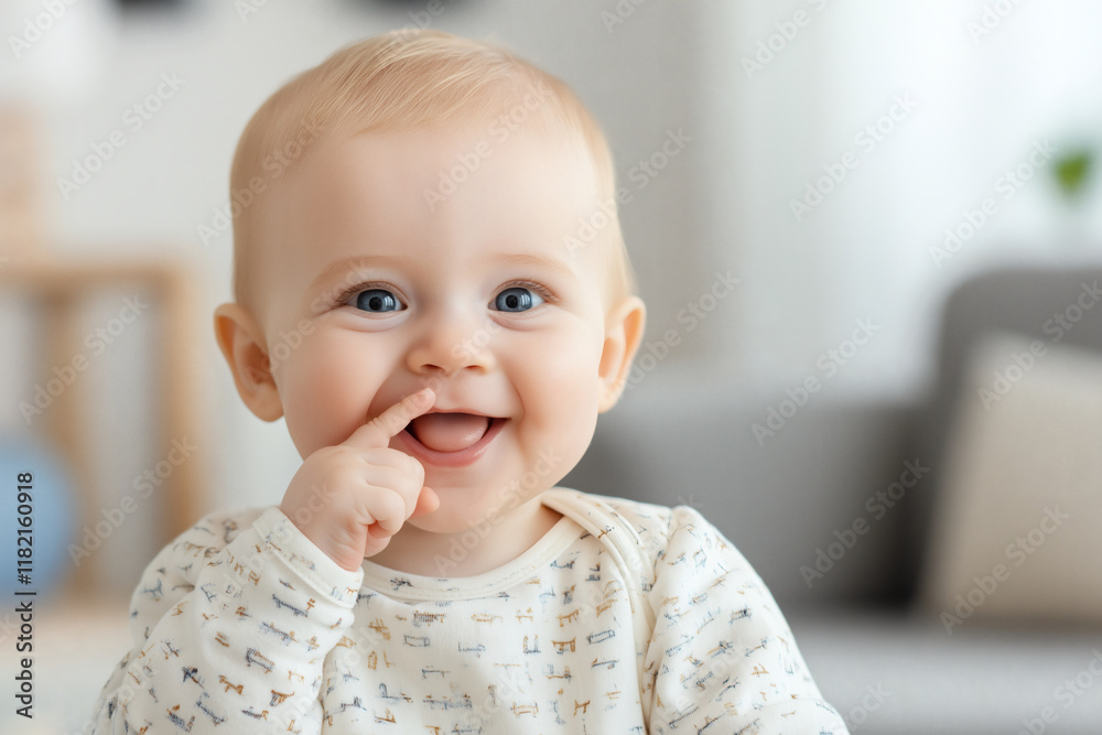 joyful baby smiling and playfully touching their mouth, wearing light colored outfit with animal prints. background features cozy indoor setting joyful baby smiling and playfully touching their mouth, wearing light colored outfit with animal prints. background features cozy indoor setting