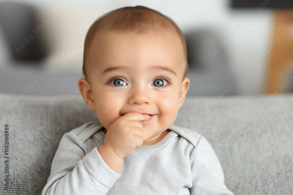 Cute smiling baby boy holding his finger in his mouth, sitting on couch. His bright blue eyes and joyful expression create heartwarming scene Cute smiling baby boy holding his finger in his mouth, sitting on couch. His bright blue eyes and joyful expression create heartwarming scene