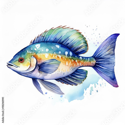 Watercolor cute fish, sea animal on white background. Aquatic life, marine creature, wildlife nature