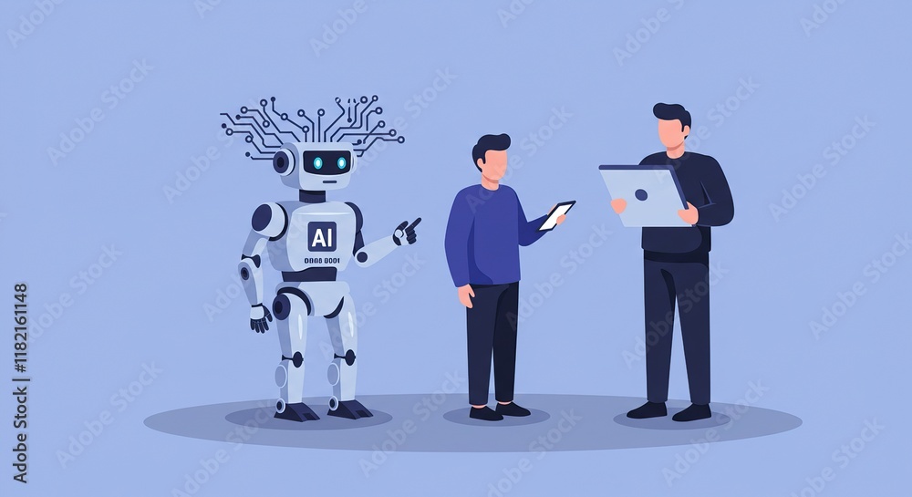 AI Integration with Modern Technology Robot and Human Collaboration in Light Blue Background. AI Integration with Modern Technology Robot and Human Collaboration in Light Blue Background.