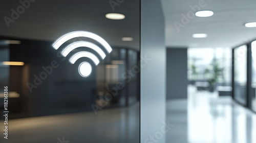 White glowing wi-fi on business office wall. empty interior at daytime. fast connection, technology and communication network, free public internet at work, technology security.