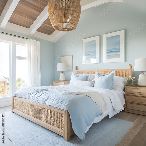 Peaceful coastal bedroom with ocean themed art and soft blue aesthetic photo