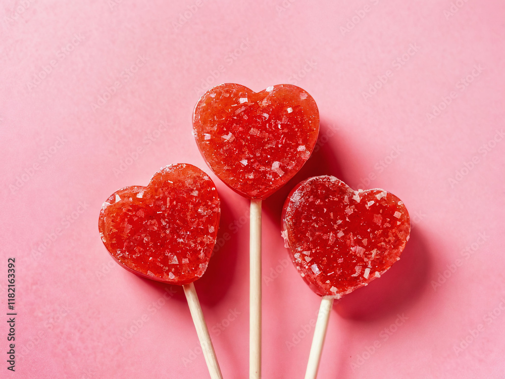 Obraz premium Heart-shaped lollipops on a pink background with sugar coating for a sweet celebration. Valentine’s Day idea, date, engagement party, love party, eat, food