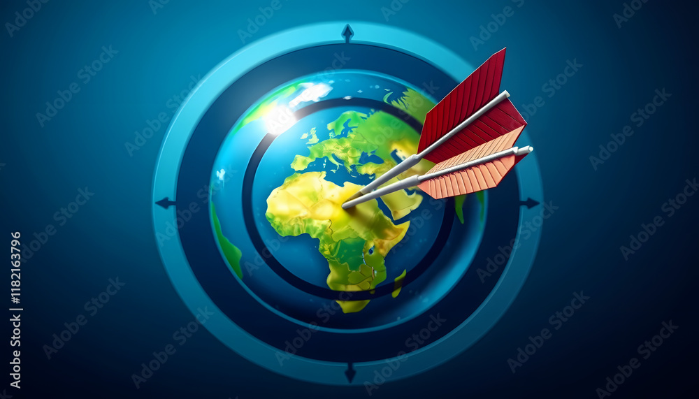 Naklejka premium Abstract digital planet Earth and target with bow arrow in a bullseye, pop-art, with white tones