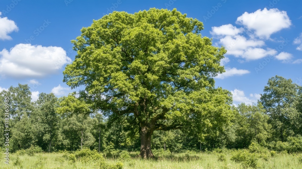 Majestic Oak Tree in Summer Meadow Landscape Majestic Oak Tree in Summer Meadow Landscape