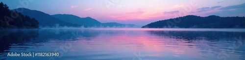 Soft blue hues of dusk dance across a tranquil lake, water, gentle ripples