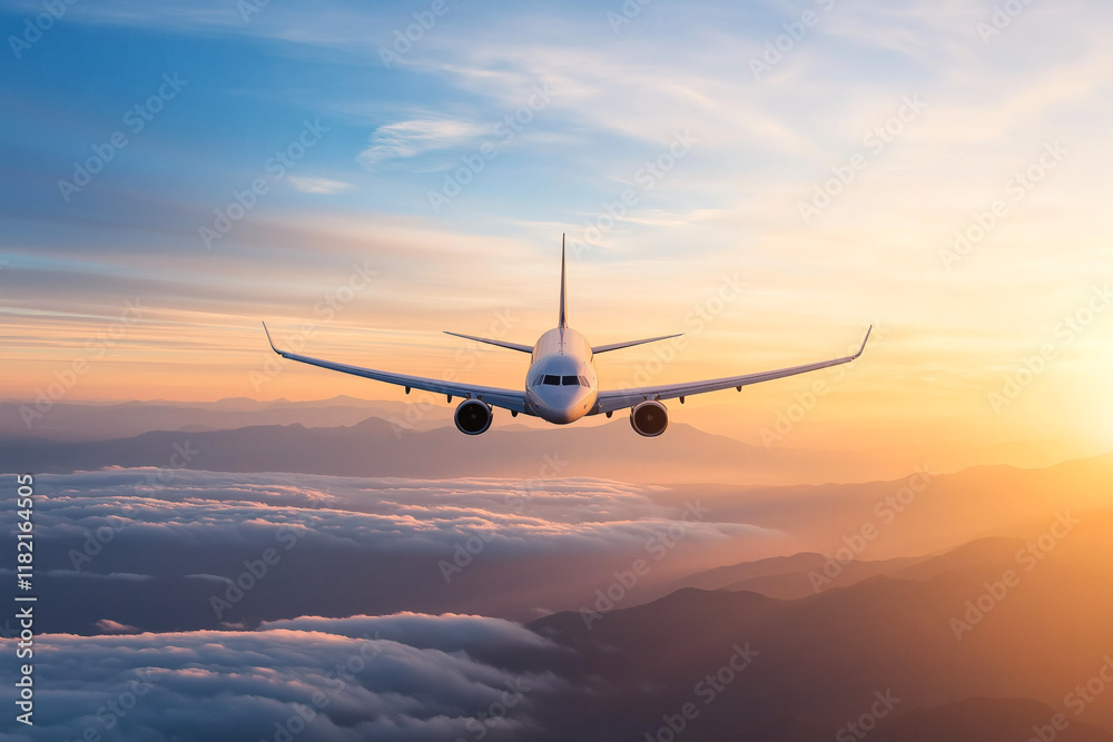 luxury private jet flying above clouds during stunning sunset, showcasing beauty of aviation and travel. serene landscape below enhances feeling of freedom and adventure