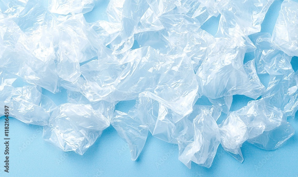 Fototapeta premium Crumpled plastic bags on blue background, waste and recycling concept.