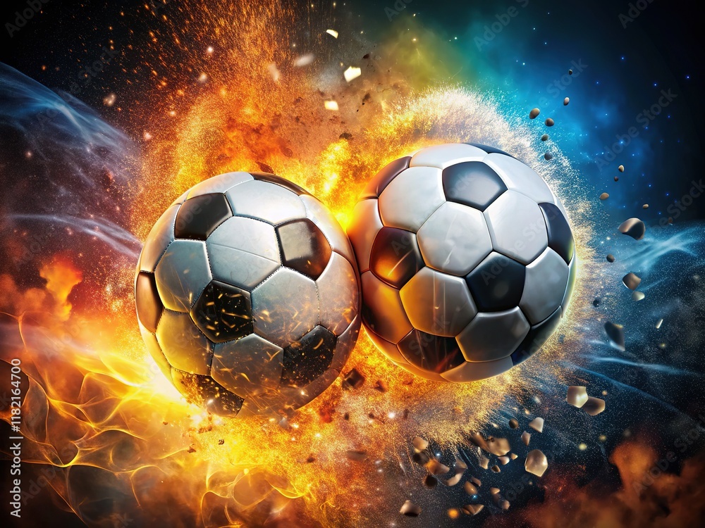 Fototapeta premium Explosive soccer clash; fast-paced, ball-filled photo.