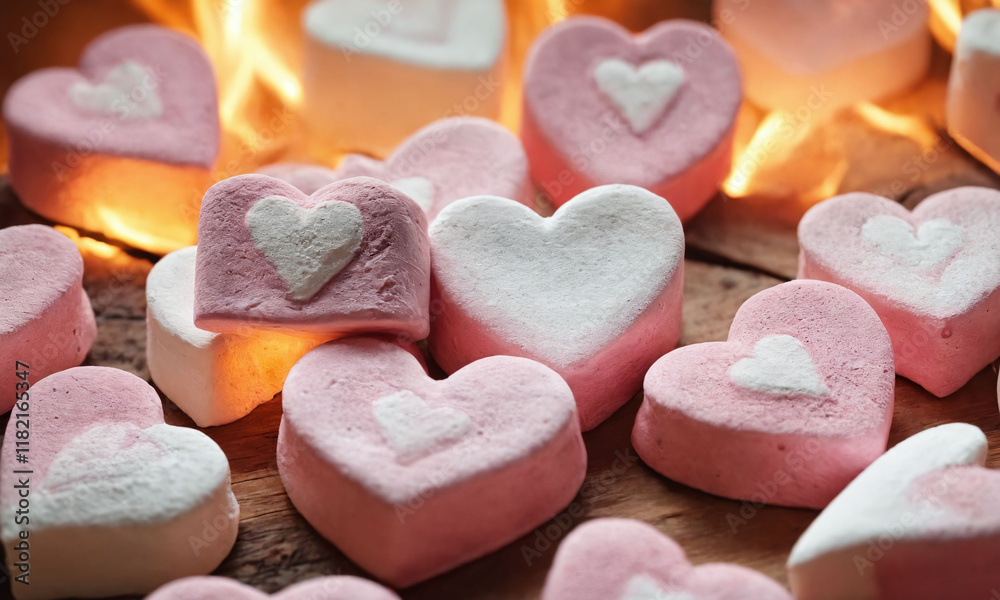Sweet heart-shaped marshmallows arranged artistically with warm flames glowing in the background during a cozy gathering. Valentine’s Day idea, date, engagement party, love party, eat, food Sweet heart-shaped marshmallows arranged artistically with warm flames glowing in the background during a cozy gathering. Valentine’s Day idea, date, engagement party, love party, eat, food