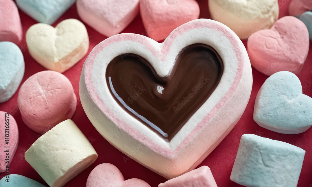 Sweet heart-shaped chocolates surrounded by colorful marshmallows on a bright surface. Valentine’s Day idea, date, engagement party, love party, eat, food