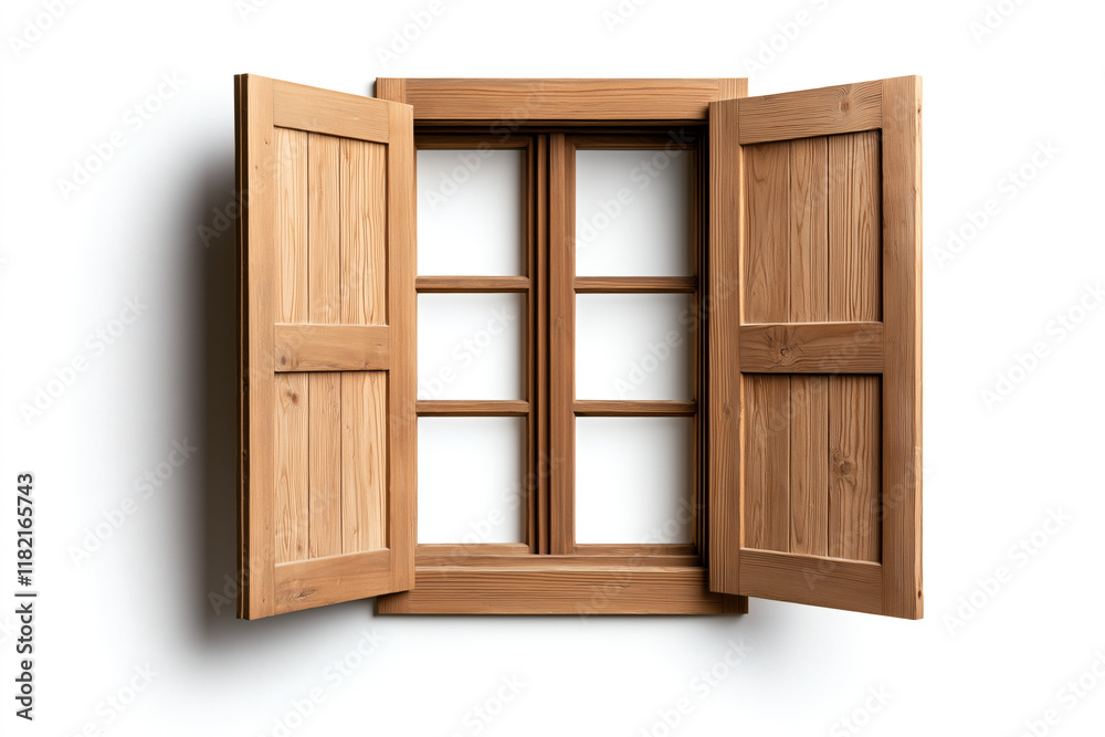 Old wooden window with open shutters, showcasing natural wood texture and craftsmanship. Perfect for adding rustic charm to any space Old wooden window with open shutters, showcasing natural wood texture and craftsmanship. Perfect for adding rustic charm to any space